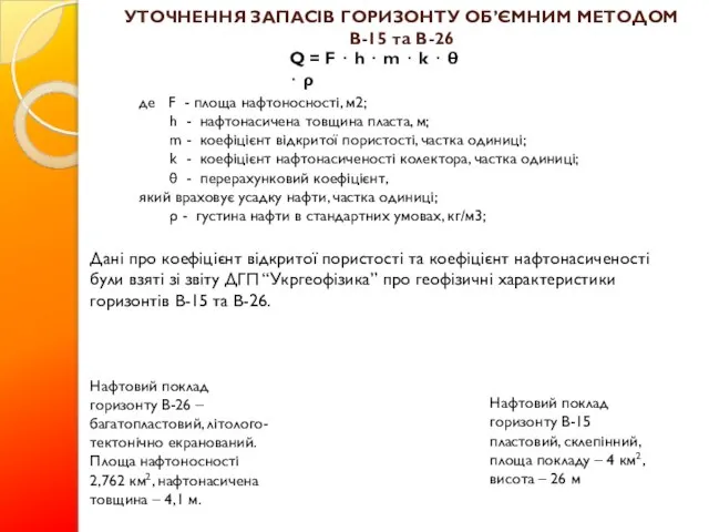 УТОЧНЕННЯ ЗАПАСІВ ГОРИЗОНТУ ОБ’ЄМНИМ МЕТОДОМ В-15 та В-26 Q = F