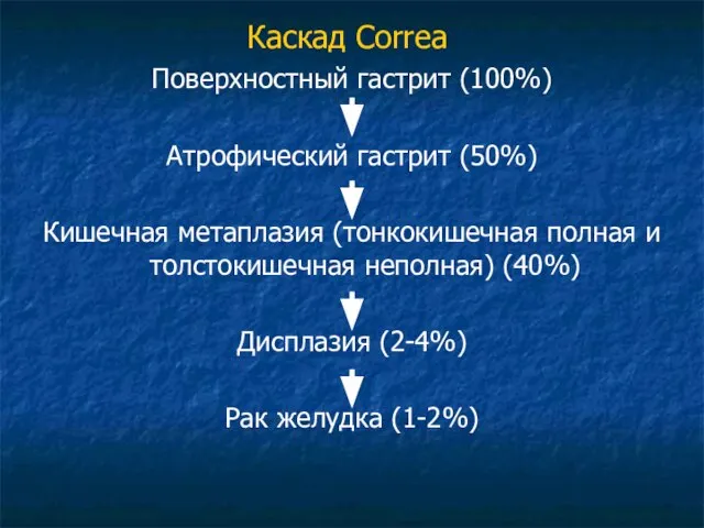 Каскад Correa Поверхностный гастрит (100%) Атрофический гастрит (50%) Кишечная метаплазия (тонкокишечная