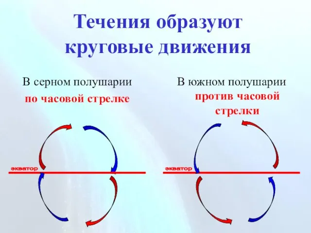 Течения образуют круговые движения В серном полушарии по часовой стрелке В