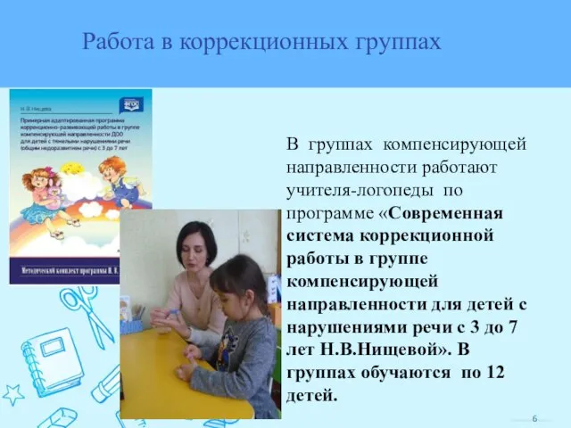 Работа в коррекционных группах В группах компенсирующей направленности работают учителя-логопеды по