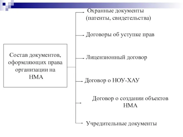 Состав документов, оформляющих права организации на НМА Охранные документы (патенты, свидетельства)
