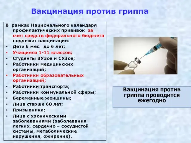 Вакцинация против гриппа В рамках Национального календаря профилактических прививок за счет