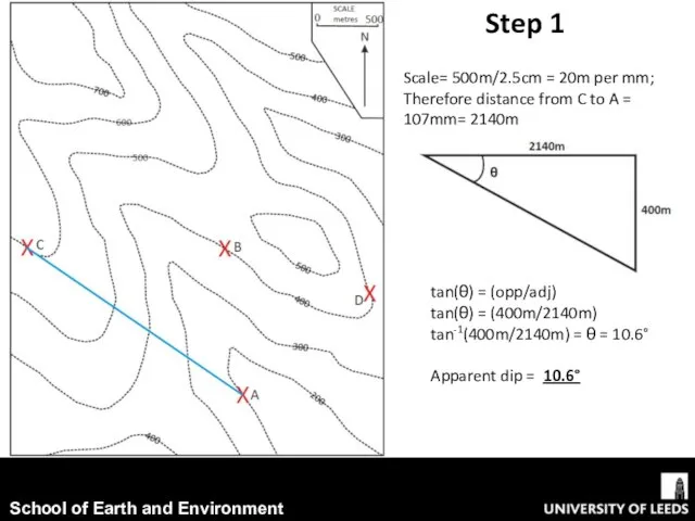 Scale= 500m/2.5cm = 20m per mm; Therefore distance from C to