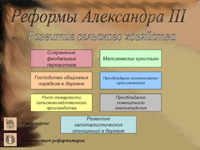 Реформы Александра III Развитие сельского хозяйства Сохранение феодальных пережитков Малоземелье крестьян