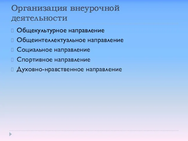 Организация внеурочной деятельности Общекультурное направление Общеинтеллектуальное направление Социальное направление Спортивное направление Духовно-нравственное направление