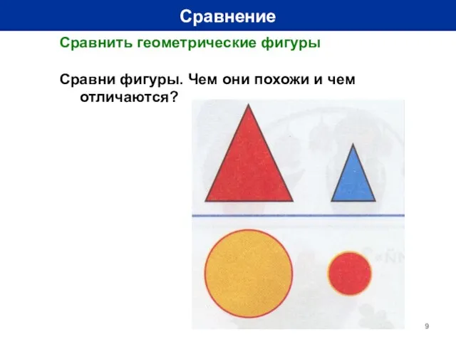 Сравнение Сравнить геометрические фигуры Сравни фигуры. Чем они похожи и чем отличаются?