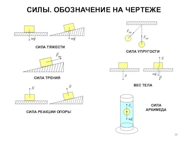 СИЛЫ. ОБОЗНАЧЕНИЕ НА ЧЕРТЕЖЕ СИЛА ТЯЖЕСТИ СИЛА ТРЕНИЯ СИЛА РЕАКЦИИ ОПОРЫ