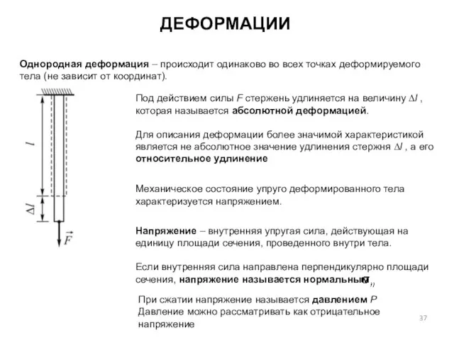 ДЕФОРМАЦИИ Однородная деформация – происходит одинаково во всех точках деформируемого тела