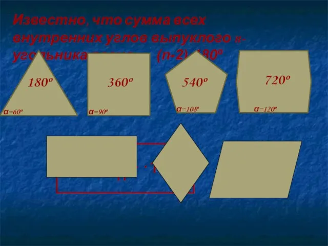Известно, что сумма всех внутренних углов выпуклого n-угольника равна (n-2)·180º α=60º