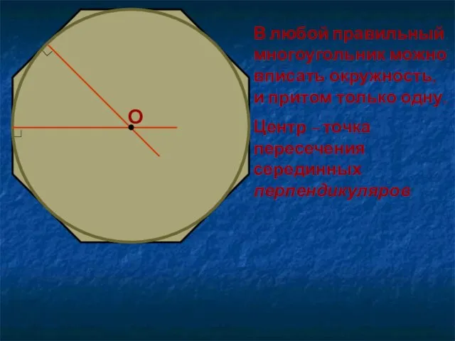 В любой правильный многоугольник можно вписать окружность, и притом только одну.