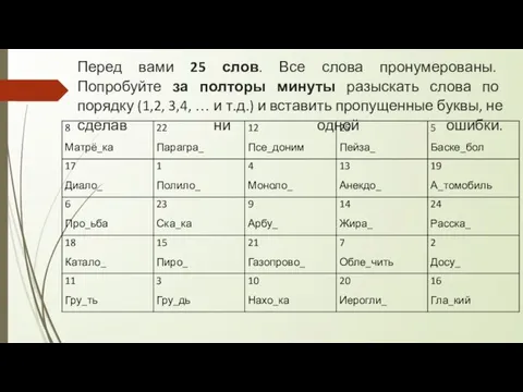 Перед вами 25 слов. Все слова пронумерованы. Попробуйте за полторы минуты