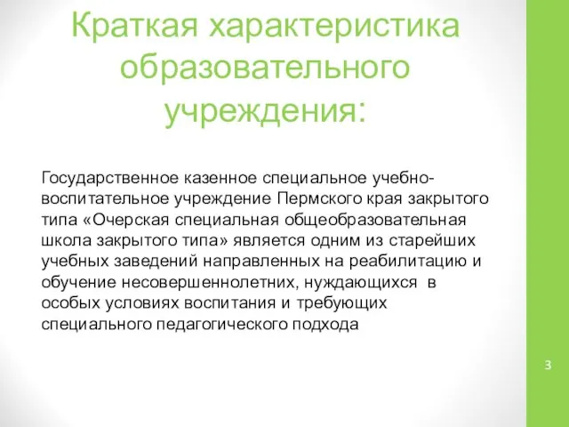 Краткая характеристика образовательного учреждения: Государственное казенное специальное учебно-воспитательное учреждение Пермского края