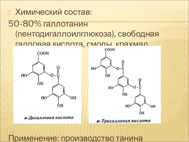 Химический состав: 50-80% галлотанин (пентодигаллоилглюкоза), свободная галловая кислота, смолы, крахмал Применение: производство танина