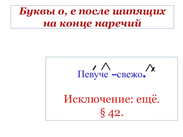 Буквы о, е после шипящих на конце наречий Певуче –свежо. Исключение: ещё. § 42.