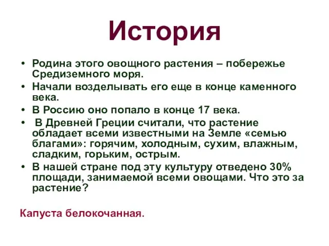 История Родина этого овощного растения – побережье Средиземного моря. Начали возделывать