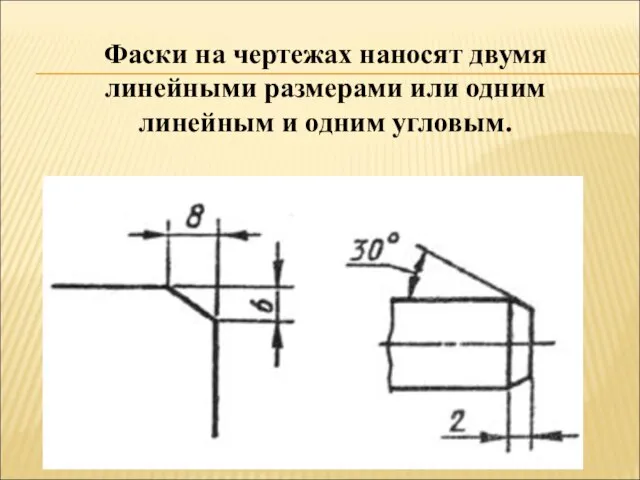 Фаски на чертежах наносят двумя линейными размерами или одним линейным и одним угловым.