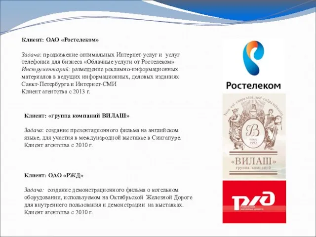 Клиент: ОАО «Ростелеком» Задача: продвижение оптимальных Интернет-услуг и услуг телефонии для