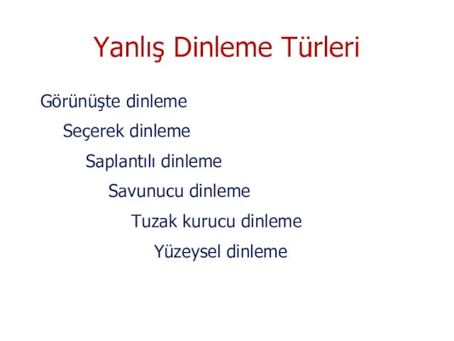 Görünüşte dinleme Seçerek dinleme Saplantılı dinleme Savunucu dinleme Tuzak kurucu dinleme Yüzeysel dinleme Yanlış Dinleme Türleri