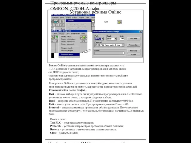 Программируемые контроллеры OMRON. С200Н-Альфа. Учебный центр ОАО "Северсталь" Установка режима Online