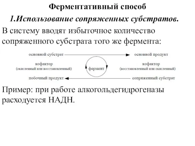 Ферментативный способ Использование сопряженных субстратов. В систему вводят избыточное количество сопряженного