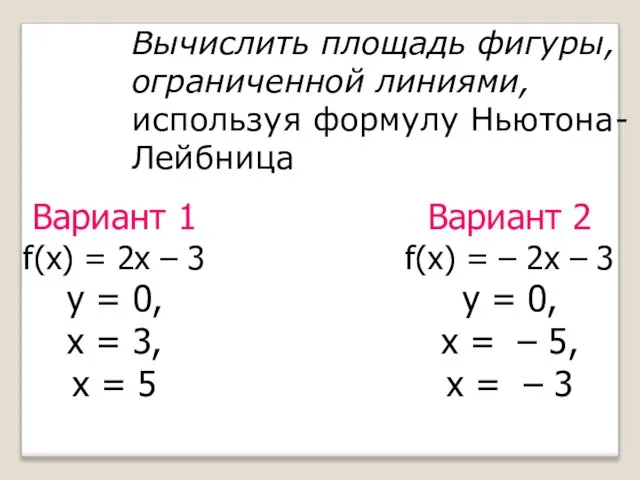 Вычислить площадь фигуры, ограниченной линиями, используя формулу Ньютона-Лейбница Вариант 1 f(x)