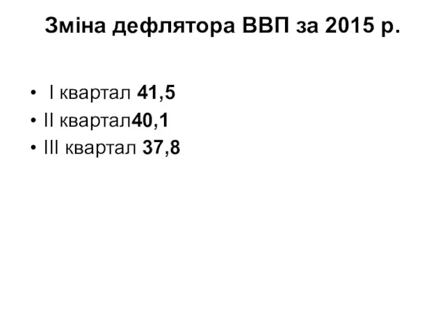 Зміна дефлятора ВВП за 2015 р. І квартал 41,5 ІІ квартал40,1 ІІІ квартал 37,8