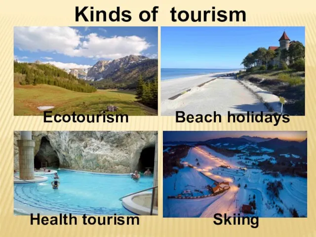 Kinds of tourism Ecotourism Beach holidays Health tourism Skiing