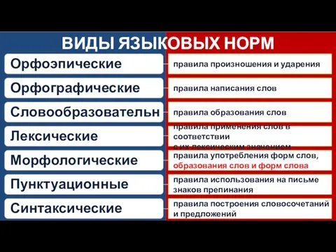 ВИДЫ ЯЗЫКОВЫХ НОРМ Орфоэпические Орфографические Словообразовательные Лексические Морфологические Пунктуационные Синтаксические правила