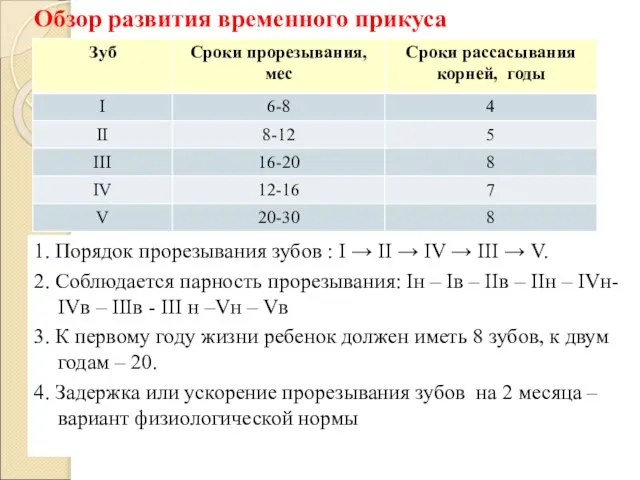 Обзор развития временного прикуса 1. Порядок прорезывания зубов : I →