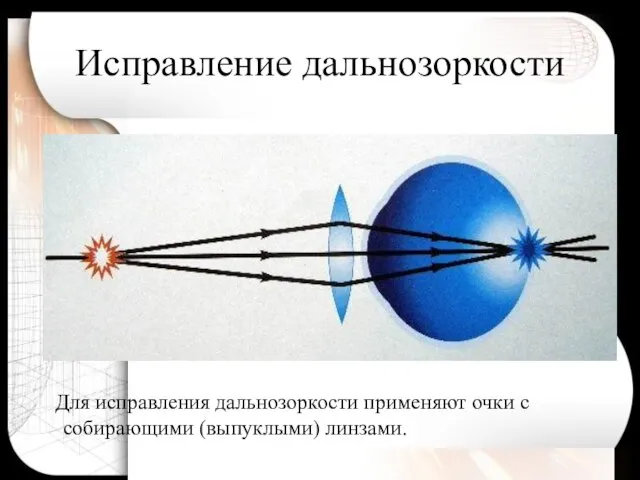 Исправление дальнозоркости Для исправления дальнозоркости применяют очки с собирающими (выпуклыми) линзами.