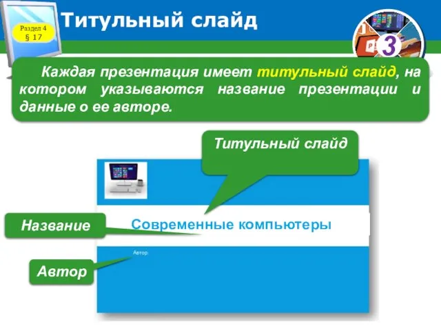 Титульный слайд Каждая презентация имеет титульный слайд, на котором указываются название