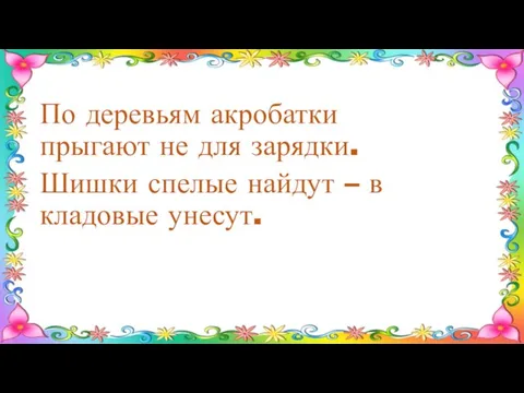 По деревьям акробатки прыгают не для зарядки. Шишки спелые найдут – в кладовые унесут.