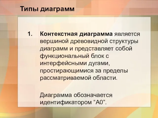 Типы диаграмм Контекстная диаграмма является вершиной древовидной структуры диаграмм и представляет