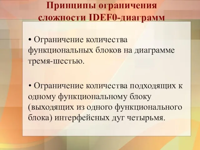 Принципы ограничения сложности IDEF0-диаграмм Ограничение количества функциональных блоков на диаграмме тремя-шестью.