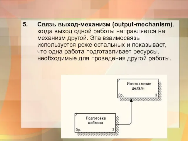 Связь выход-механизм (output-mechanism), когда выход одной работы направляется на механизм другой.