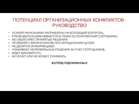 ПОТЕНЦИАЛ ОРГАНИЗАЦИОННЫХ КОНФЛИКТОВ - РУКОВОДСТВО УСИЛИЯ НАЧАЛЬНИКА НАПРАВЛЕНЫ НА ВСЕОБЩИЙ КОНТРОЛЬ;