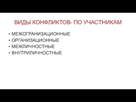 ВИДЫ КОНФЛИКТОВ- ПО УЧАСТНИКАМ МЕЖОГРАНИЗАЦИОННЫЕ ОРГАНИЗАЦИОННЫЕ МЕЖЛИЧНОСТНЫЕ ВНУТРИЛИЧНОСТНЫЕ