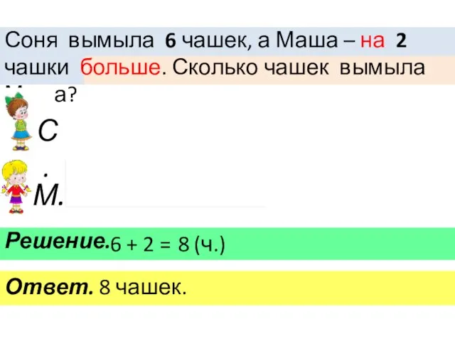 Соня вымыла 6 чашек, а Маша – на 2 чашки больше.