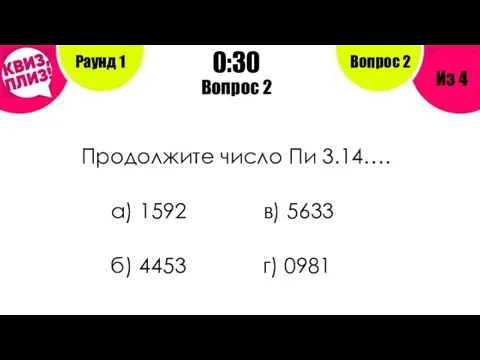 Вопрос 2 Продолжите число Пи 3.14…. а) 1592 в) 5633 б)