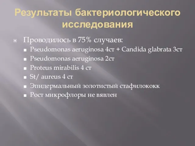 Результаты бактериологического исследования Проводилось в 75% случаев: Pseudomonas aeruginosa 4ст +