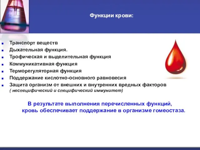 Функции крови: Транспорт веществ Дыхательная функция. Трофическая и выделительная функция Коммуникативная