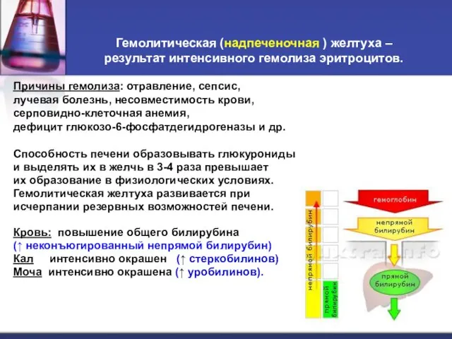 Гемолитическая (надпеченочная ) желтуха – результат интенсивного гемолиза эритроцитов. Причины гемолиза: