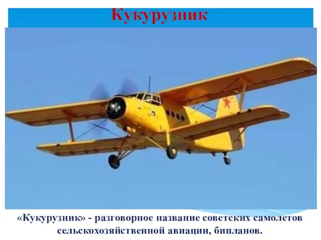 «Кукурузник» - разговорное название советских самолетов сельскохозяйственной авиации, бипланов. Кукурузник