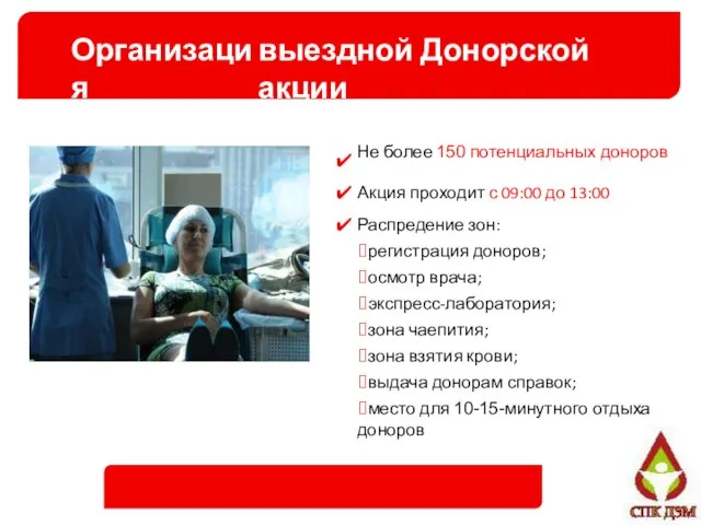 Организация выездной Донорской акции ✔ ✔ ✔ Не более 150 потенциальных