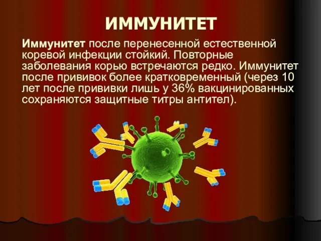 Иммунитет после перенесенной естественной коревой инфекции стойкий. Повторные заболевания корью встречаются