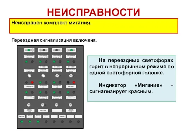 НЕИСПРАВНОСТИ Неисправен комплект мигания. Переездная сигнализация включена. На переездных светофорах горит