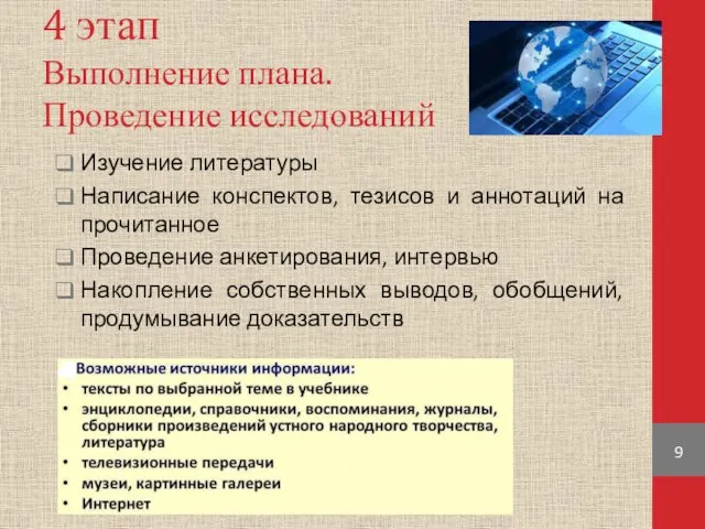 4 этап Выполнение плана. Проведение исследований Изучение литературы Написание конспектов, тезисов