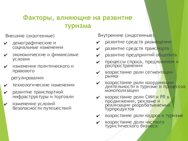 Факторы, влияющие на развитие туризма Внешние (экзогенные) демографические и социальные изменения