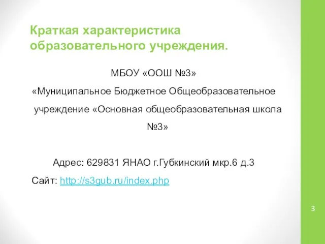 Краткая характеристика образовательного учреждения. МБОУ «ООШ №3» «Муниципальное Бюджетное Общеобразовательное учреждение