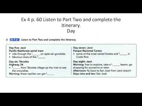 Ex 4 p. 60 Listen to Part Two and complete the itinerary. Day